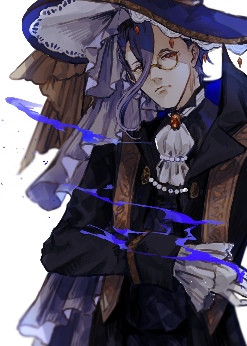 1boy, absurdres, alternate_costume, ascot, bad_id, bad_pixiv_id, beads, black_hair, closed_mouth, coat, frilled_sleeves, frills, glasses, gloves, goth_fashion, hair_slicked_back, hameln_(sinoalice), hat, highres, long_sleeves, looking_at_viewer, male_focus, purple_hair, round_eyewear, s_t_e_r_n, serious, short_hair, simple_background, sinoalice, solo, white_background, white_gloves, witch, witch_hat