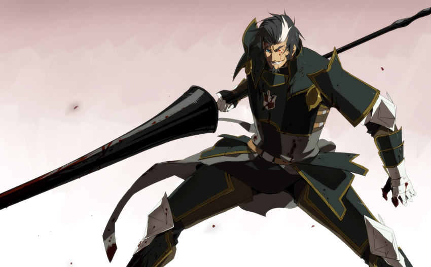 1boy, arm_armor, armor, armored_gloves, black_armor, black_beard, black_hair, black_pants, blood, blood_on_armor, blood_on_clothes, blood_on_face, blood_on_weapon, blue_eyes, breastplate, facing_viewer, fighting_stance, gradient_background, grey_tunic, grin, gurast, highres, holding, holding_polearm, holding_weapon, knee_armor, leg_armor, looking_down, male_focus, mature_male, original, outstretched_arms, pants, polearm, red-eye_effect, shoulder_armor, smile, tunic, weapon, white_background, yellow_trim