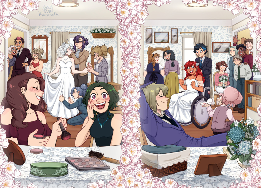 6+boys, 6+girls, adjusting_dress, afro, afro_puffs, aliya_mahvash, applying_makeup, black_hair, blonde_hair, blue_streaks, bouquet, braid, bridal_veil, bride, chuatury_panlunch, closed_mouth, dress, elan_ceres, english_commentary, felsi_rollo, floral_border, flower, flower_pot, formal_clothes, guel_jeturk, gundam, gundam_suisei_no_majo, hair_flower, hair_ornament, henao_jazz, highres, indoors, ireesha_plano, kaereth, lilique_kadoka_lipati, long_hair, maisie_may, makeup, martin_upmont, miorine_rembran, mirror, multiple_boys, multiple_girls, nika_nanaura, nuno_kargan, ojelo_gabel, petra_itta, pink_hair, pink_streaks, purple_hair, redhead, renee_costa, sabina_fardin, secelia_dote, short_hair, sitting, sleeveless, sleeveless_dress, smile, split_screen, standing, suit, suletta_mercury, teeth, till_nys, twin_braids, veil, wedding_dress, wheelchair, white_hair, wife_and_wife, window, wooden_floor