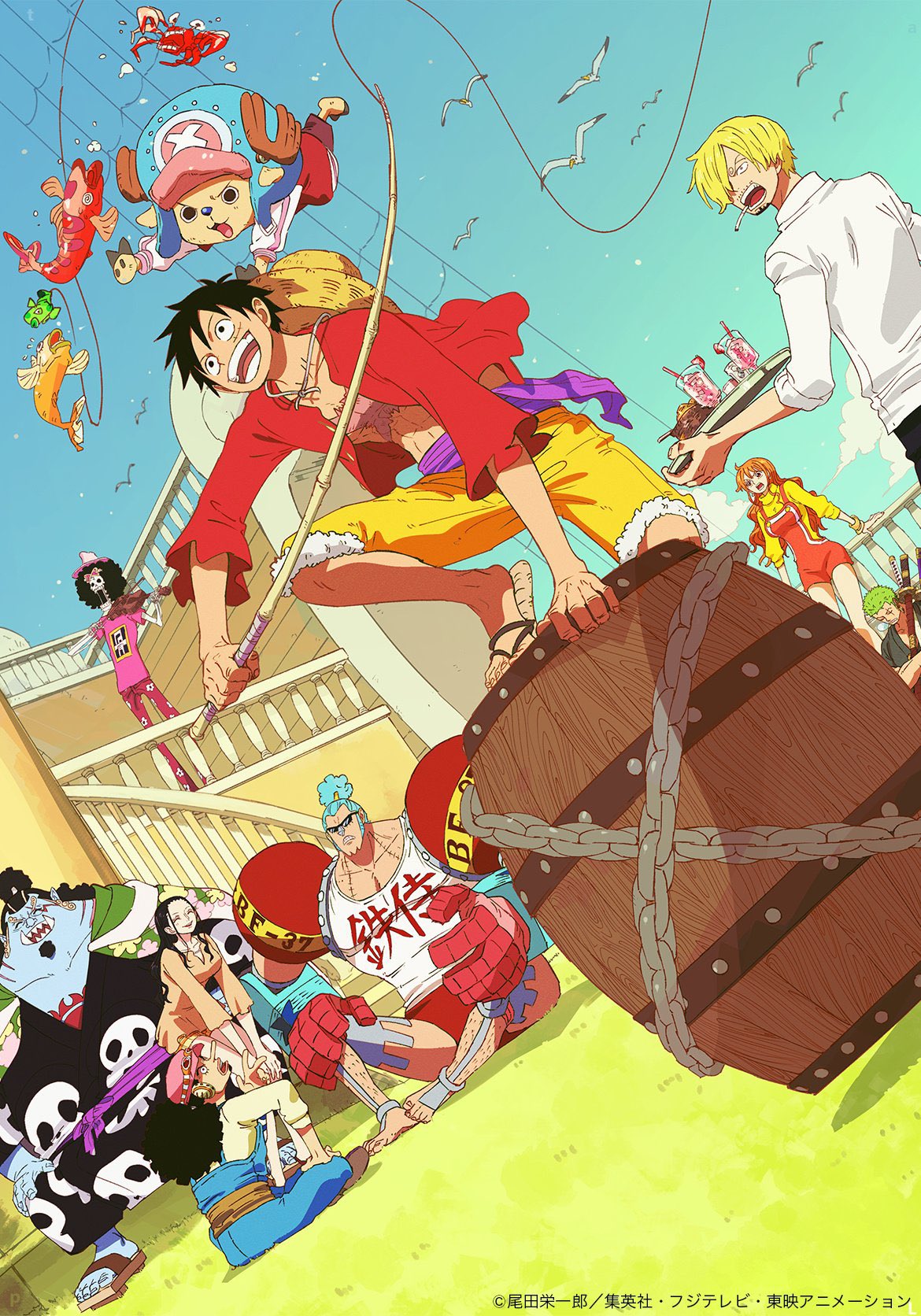 2girls, 6+boys, ^_^, afro, antlers, barrel, bird, black_hair, blonde_hair, blue_hair, blue_sky, bow_(music), brook_(one_piece), closed_eyes, commentary, crossed_arms, dutch_angle, facial_hair, fish, fishing_rod, floral_print, franky_(one_piece), goatee, green_hair, green_kimono, hair_over_one_eye, hands_on_own_knees, hat, highres, holding, holding_bow_(music), holding_instrument, holding_violin, hood, horns, instrument, japanese_clothes, jinbe_(one_piece), kimono, leg_hair, long_hair, long_nose, matsuda_midori, monkey_d._luffy, multiple_boys, multiple_girls, mustache, nami_(one_piece), nico_robin, official_art, one_piece, open_mouth, orange_hair, orange_shorts, ponytail, purple_sash, ratline, red_shirt, reindeer_antlers, roronoa_zoro, sanji_(one_piece), sash, scar, scar_on_face, seagull, shirt, short_hair, shorts, shroud_(sailing), sitting, sky, sleeping, smile, straw_hat, straw_hat_pirates, sunglasses, sweater, sword, tony_tony_chopper, turtleneck, turtleneck_sweater, tusks, usopp, violin, weapon, white_shirt, yellow_sweater