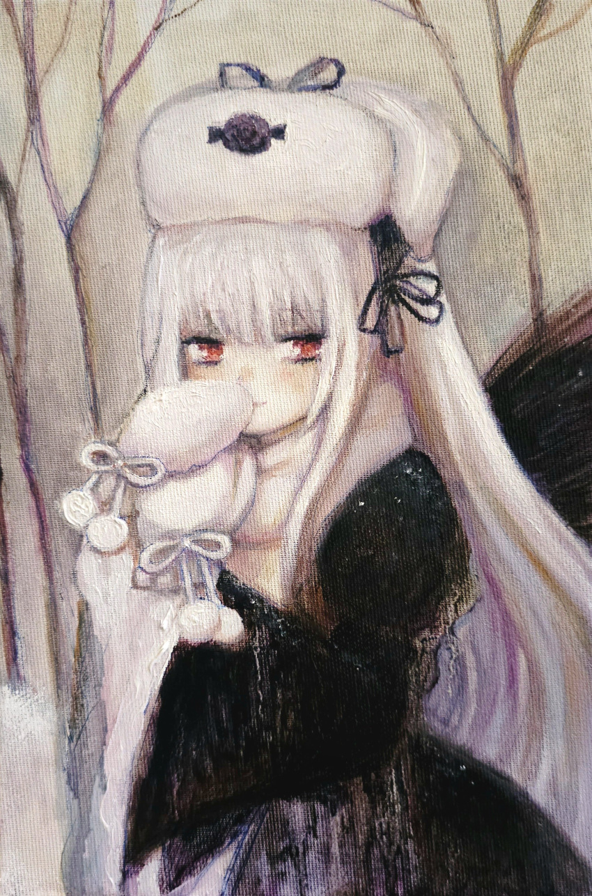 1girl, absurdres, black_dress, black_hairband, black_wings, dress, fur_hat, gothic_lolita