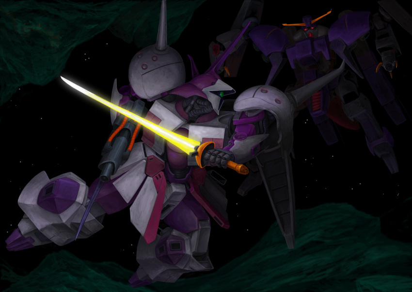 asteroid, battle, beam_rifle, byalant_isolde, commentary_request, duel, energy_gun, energy_sword