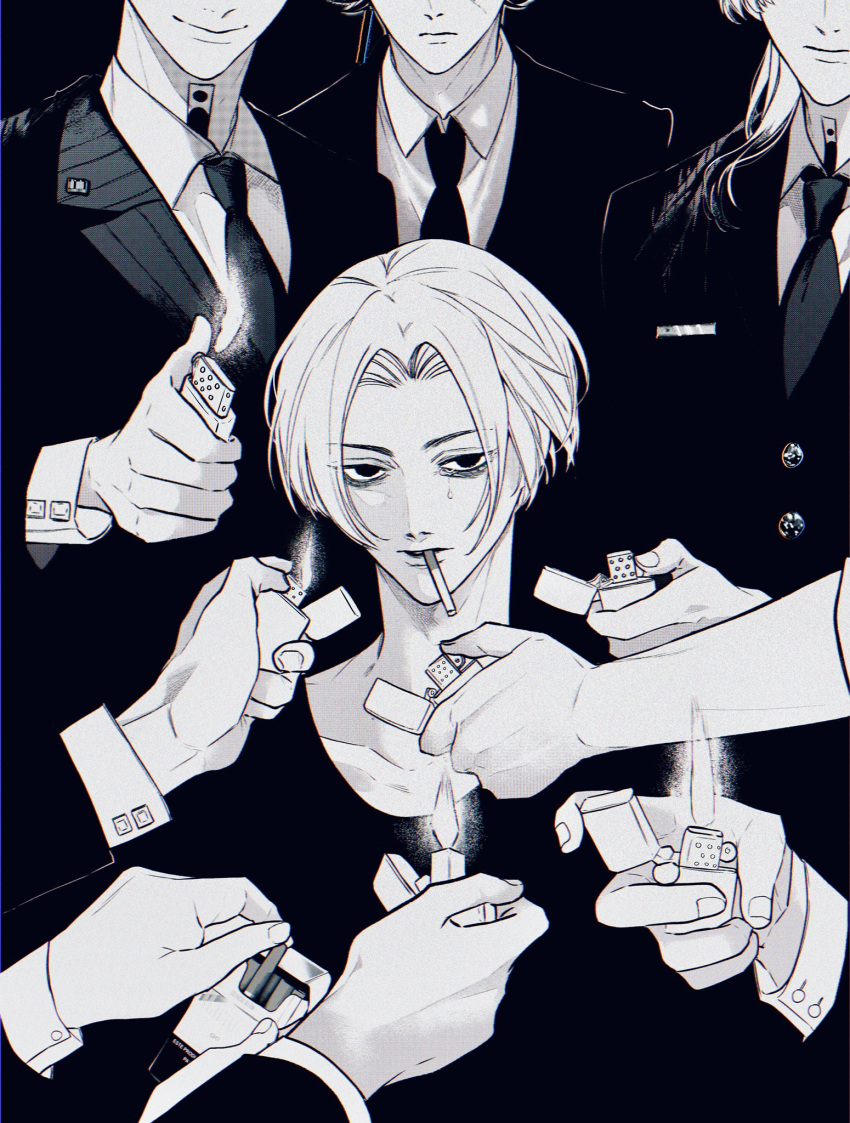 6+boys, black_eyes, black_jacket, black_necktie, black_shirt, black_suit, cigarette, collarbone