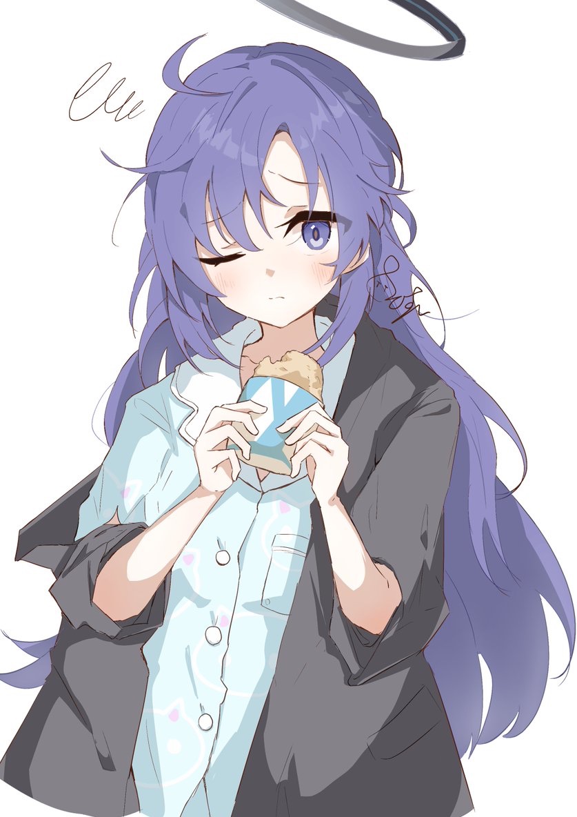 1girl, black_coat, black_halo, blue_archive, blue_pajamas, coat, food, halo, mechanical_halo, official_alternate_costume, one_eye_closed, open_clothes, open_coat, pajamas, purple_hair, solo, violet_eyes, yukou_sui, yuuka_(blue_archive), yuuka_(pajamas)_(blue_archive)