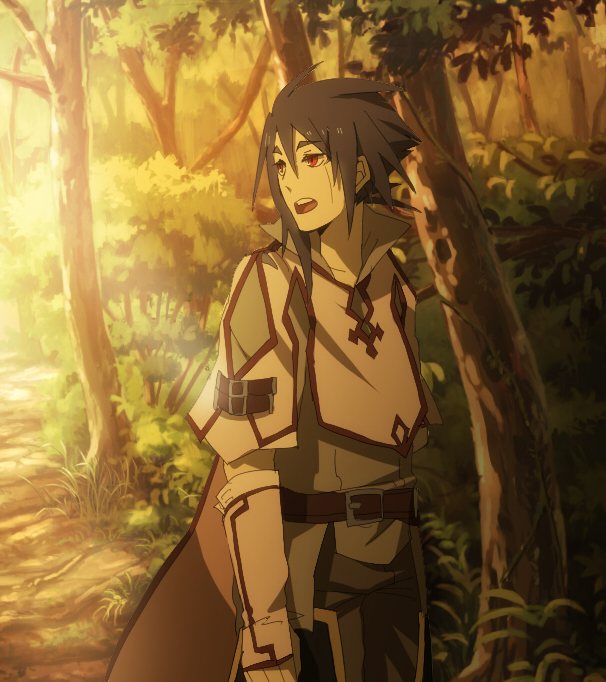 1boy, belt, black_hair, brown_belt, brown_shirt, bush, dappled_sunlight, dirt_road
