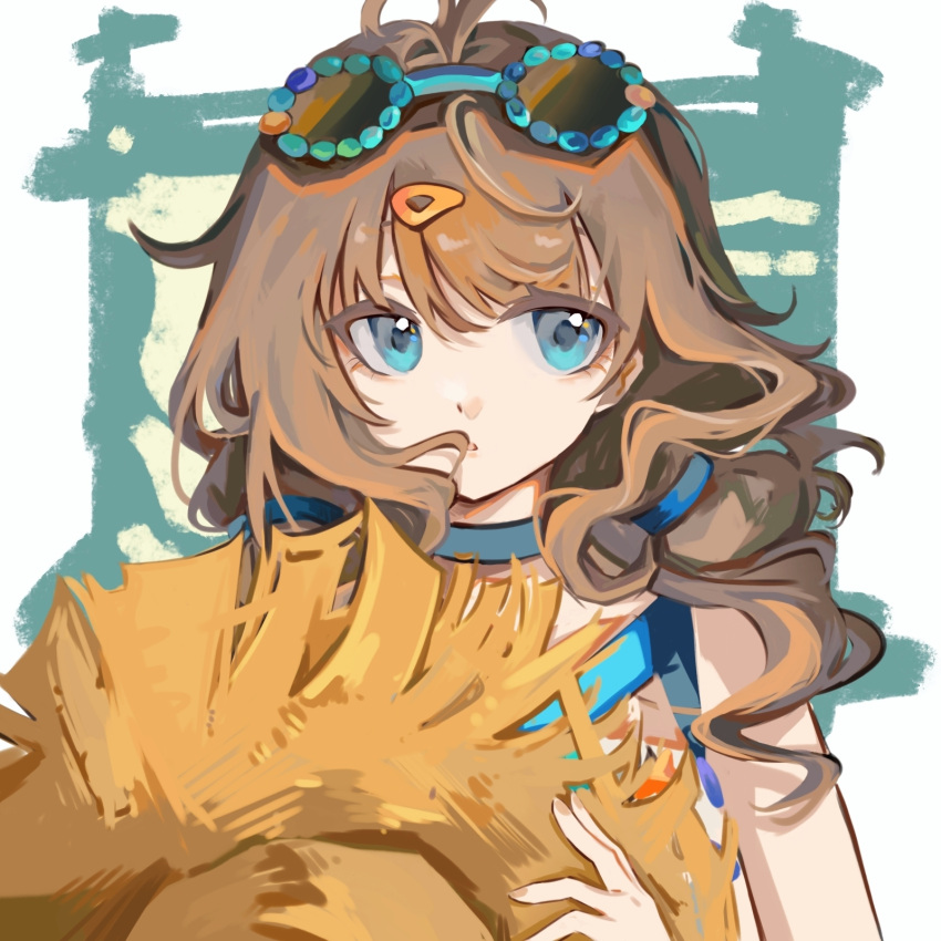 1girl, aqua_background, bare_shoulders, blue_choker, blue_eyes, border, brown_hair, choker, commentary_request, eyewear_on_head, facing_viewer, hair_ornament, hairclip, hand_up, hat, highres, holding, holding_hat, holding_unworn_clothes, long_hair, looking_to_the_side, marcus_(on_the_white_sand)_(reverse:1999), marcus_(reverse:1999), official_alternate_costume, outside_border, reverse:1999, san_sui_dingshang_ya, solo, straw_hat, sunglasses, unworn_hat, unworn_headwear, upper_body, white_border