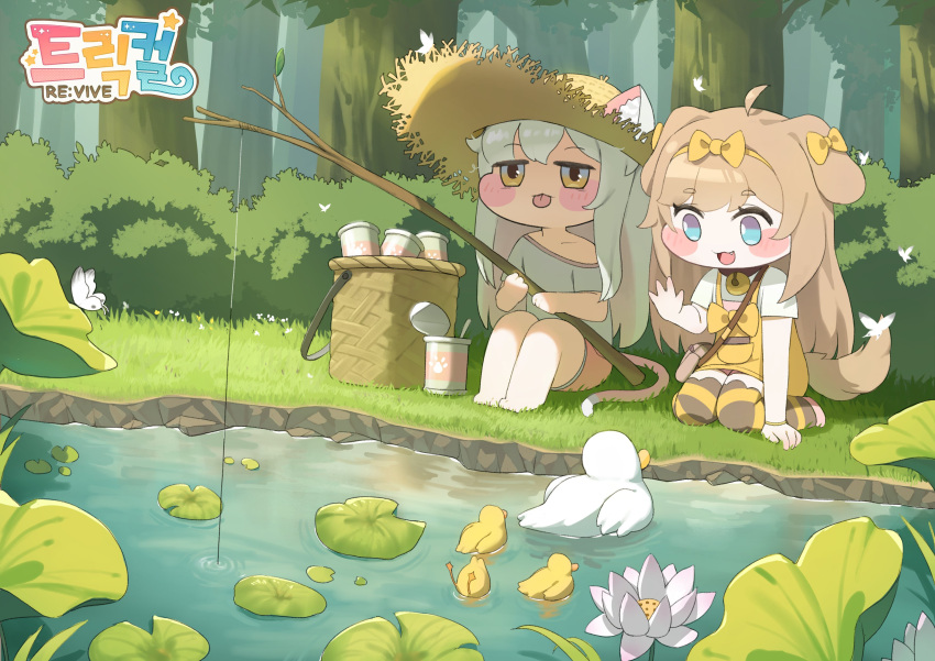 2girls, :p, absurdres, animal_ear_fluff, animal_ears, barefoot, basket, bell