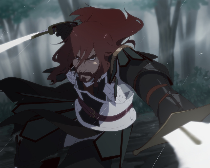 1boy, armor, beard, belt, black_pants, black_shirt, breastplate, bush, dirt_floor, dual_wielding, facial_hair, facing_viewer, forest, full_beard, gauntlets, green_trim, green_tunic, gurast, holding, holding_sword, holding_weapon, incoming_attack, knight, long_sideburns, looking_at_viewer, male_focus, mature_male, medium_hair, nature, original, outdoors, overcast, pants, rain, red_belt, red_trim, redhead, shirt, sideburns, sky, sword, tree, tunic, water_drop, weapon, wind