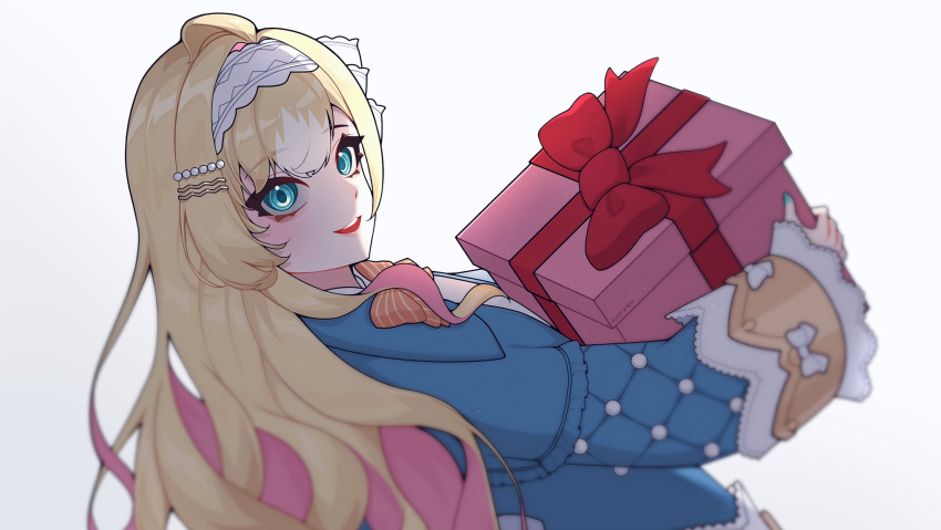 ahoge, aqua_eyes, aqua_nails, artist_name, blonde_hair, blurry, blush, bow, bowtie, colored_inner_hair, depth_of_field, filipino_commentary, from_side, gift, gift_wrapping, gradient_background, hair_ornament, hairband, hairclip, highres, holding, holding_gift, long_hair, long_sleeves, looking_at_viewer, millie_parfait, millie_parfait_(4th_costume), multicolored_hair, nijisanji, nijisanji_en, open_mouth, orange_bow, orange_bowtie, pink_hair, red_bow, ser_(xnrzev), sleeves_past_wrists, smile, virtual_youtuber, white_background, white_hairband