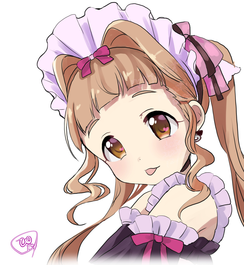 1girl, :p, blush, brown_eyes, brown_hair, cat_ear-shaped_hair, cherrypikapi, dress