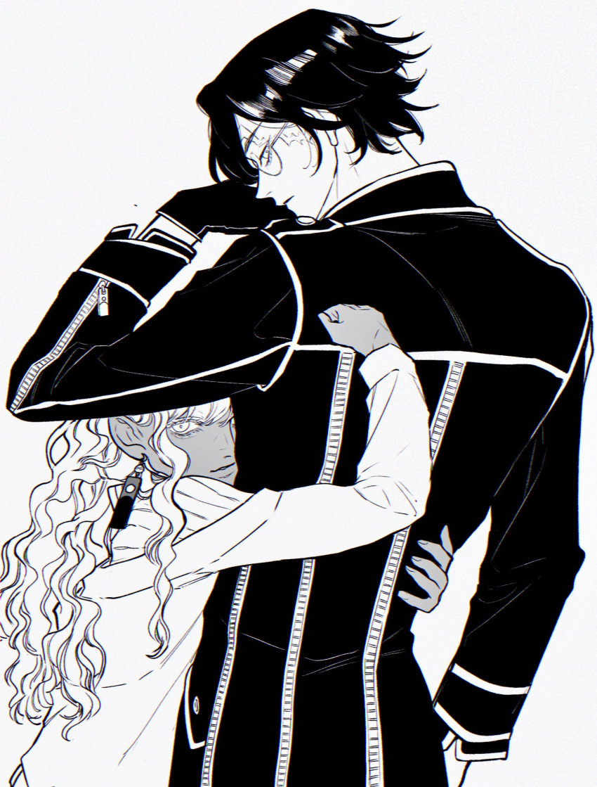 1boy, 1girl, black_hair, black_jacket, dark_skin, earrings, glasses, gloves