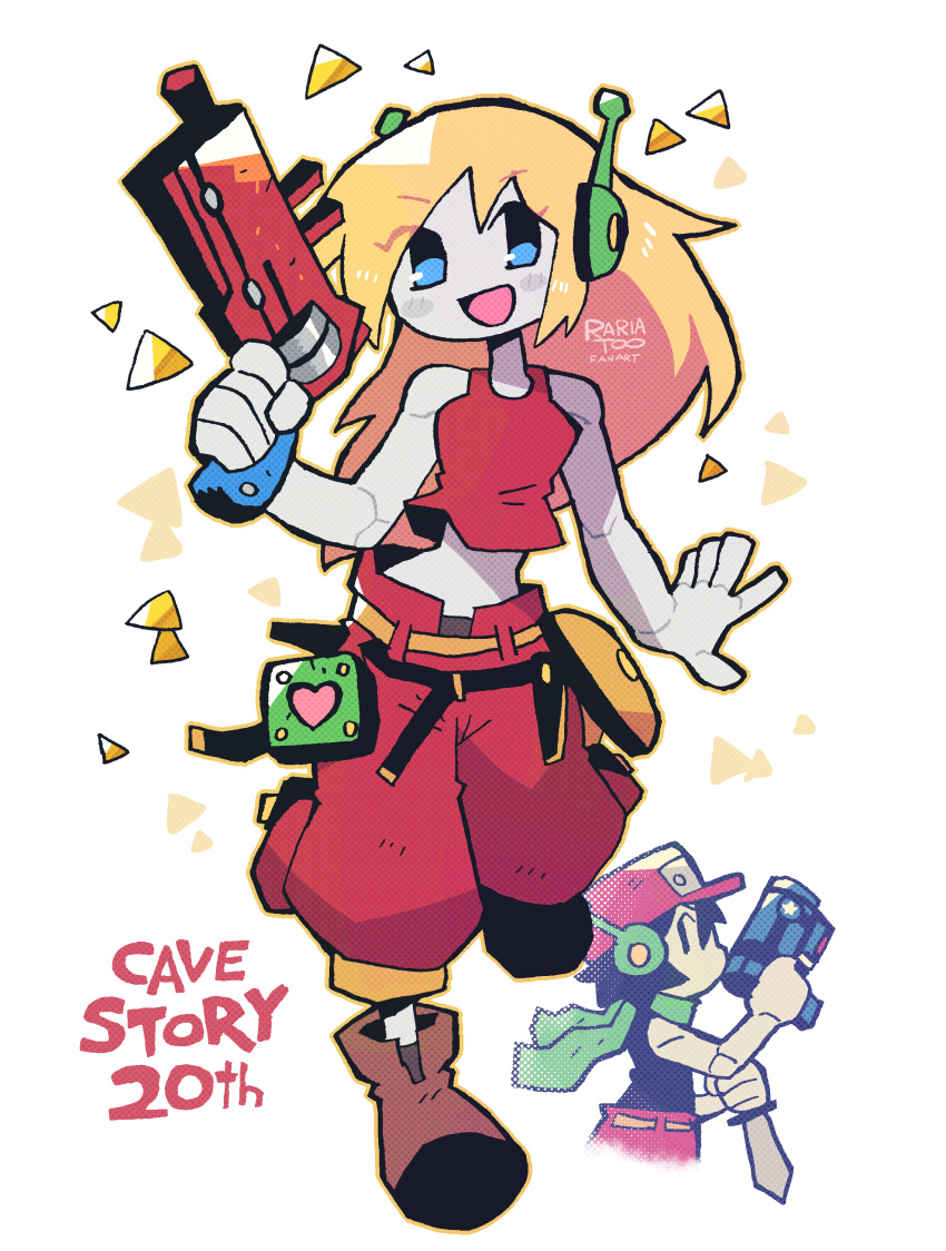 1boy, 1girl, absurdres, android, baggy_pants, bare_shoulders, baseball_cap, black_hair