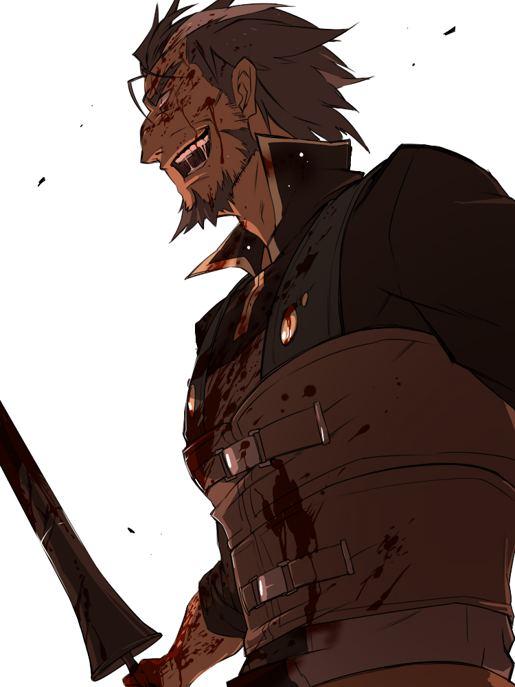 1boy, blood, blood_in_hair, blood_on_clothes, blood_on_face, blood_on_hands, blood_on_weapon, brown_eyes