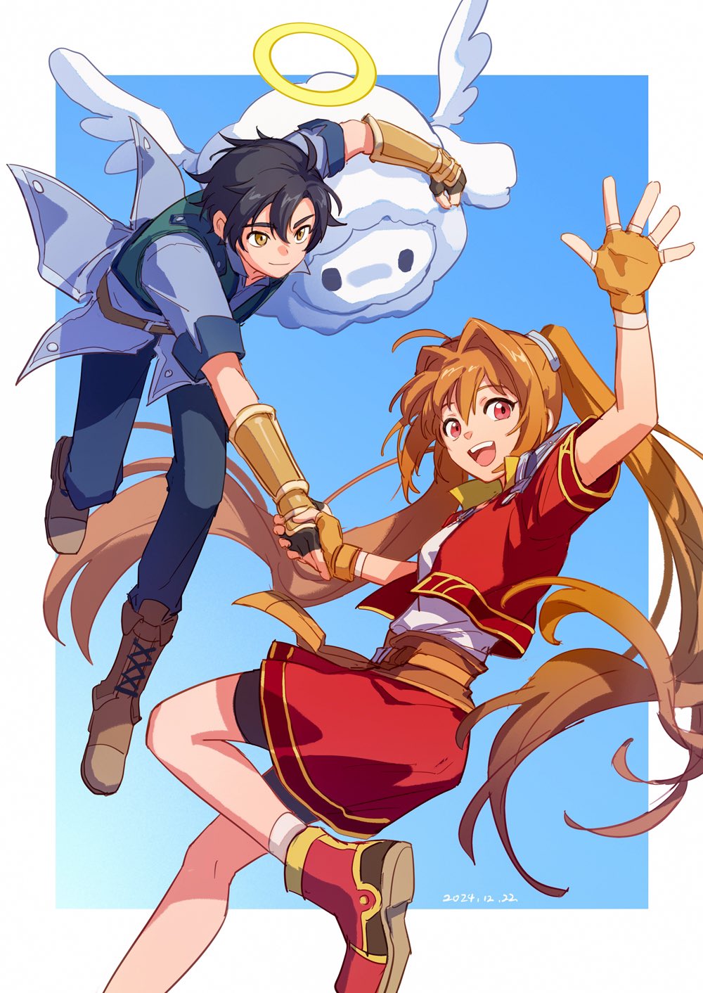 1boy, 1girl, :d, bike_shorts, black_hair, blue_background, boots, border, brown_footwear, closed_mouth, commentary_request, cross-laced_footwear, dated, denim, eiyuu_densetsu, estelle_bright, feng_you, fingerless_gloves, gloves, gradient_background, halo, highres, holding_hands, jeans, joshua_bright, long_hair, open_mouth, orange_gloves, orange_hair, outside_border, pants, pom_(eiyuu_densetsu), red_eyes, simple_background, smile, solid_oval_eyes, sora_no_kiseki, teeth, twintails, upper_teeth_only, waving, white_border, wings, yellow_eyes