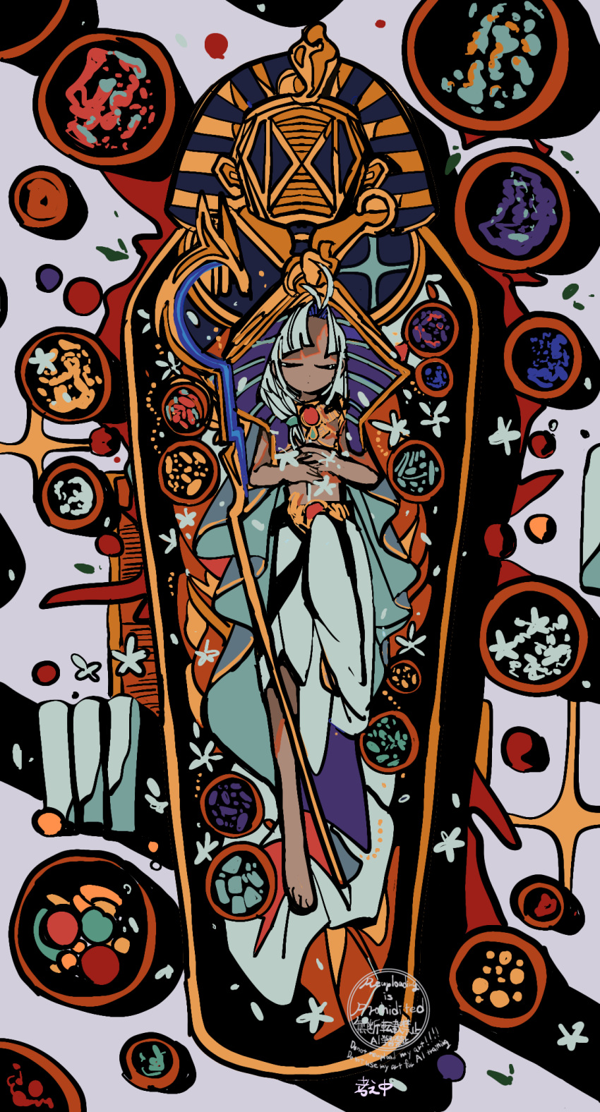 1boy, ahoge, ancient_egyptian, ancient_egyptian_clothes, artist_name, blunt_bangs, bowl, closed_eyes