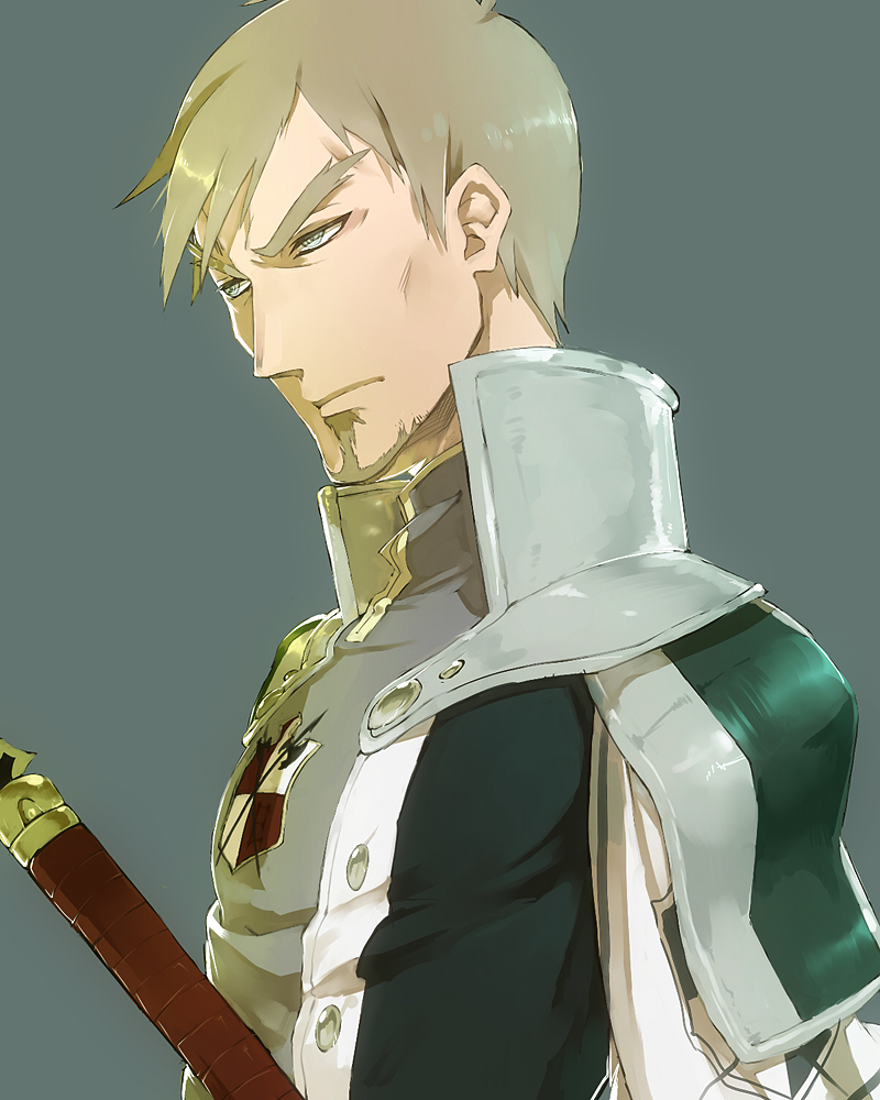 1boy, armor, blonde_hair, facial_hair, facing_to_the_side, goatee, green_background, green_trim