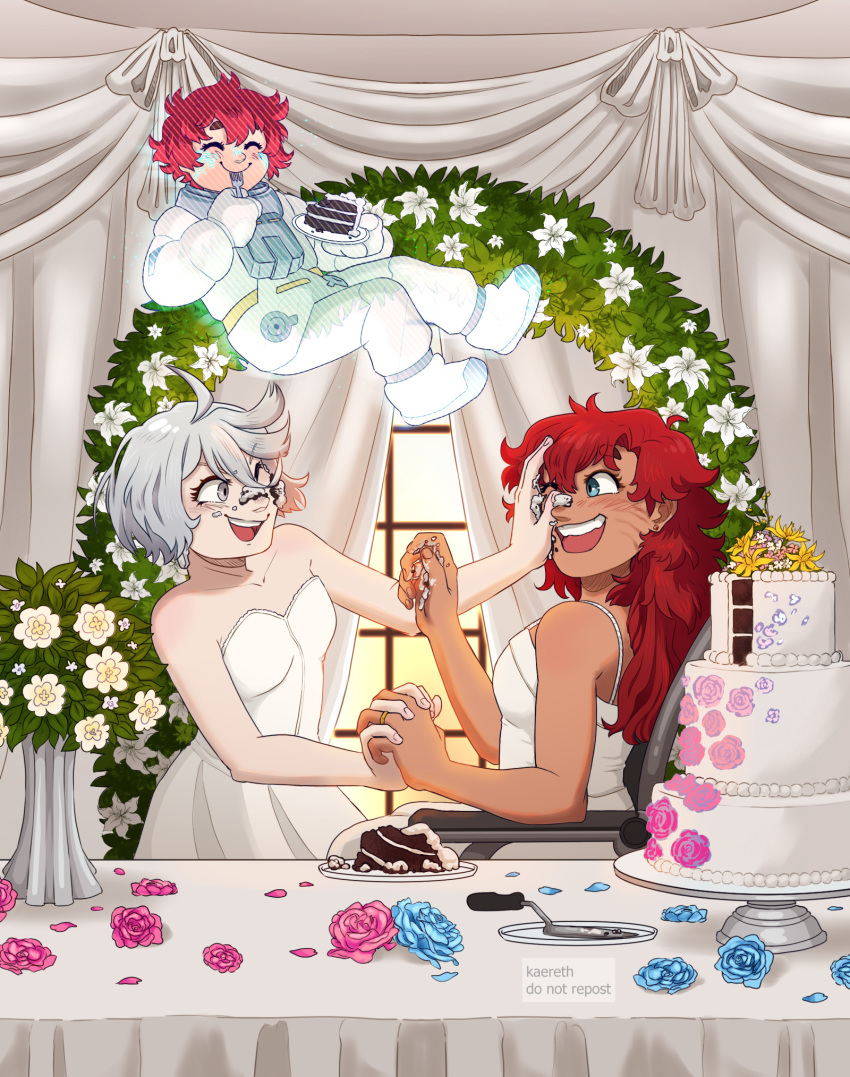 3girls, bare_shoulders, blue_eyes, blue_flower, cake, cake_slice, closed_eyes, closed_mouth