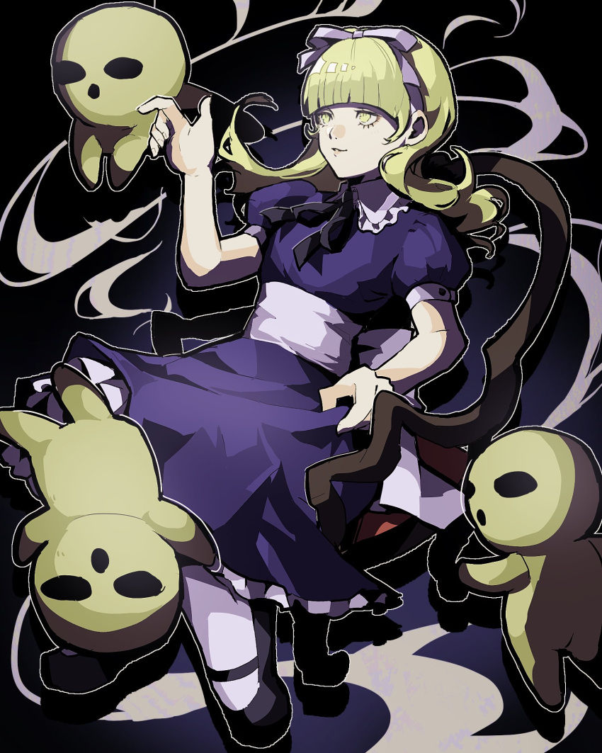 1girl, 3others, 4me3ba_niku, alice_(megami_tensei), arched_bangs, black_background, blonde_hair, blue_dress