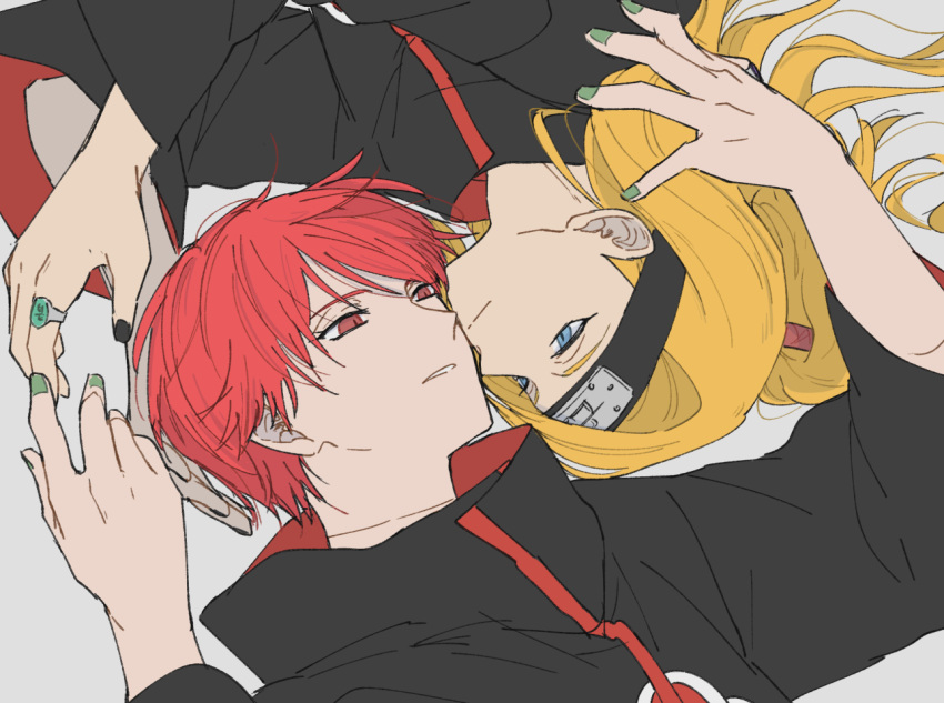 2boys, akatsuki_uniform, asymmetrical_bangs, black_nails, blonde_hair, blue_eyes, closed_mouth, deidara_(naruto), green_nails, grey_hair, hayamin35, high_ponytail, implied_yaoi, jewelry, long_hair, looking_at_another, male_focus, multiple_boys, naruto_(series), naruto_shippuuden, open_mouth, parted_lips, red_eyes, redhead, ring, sasori_(naruto), short_hair, upside-down