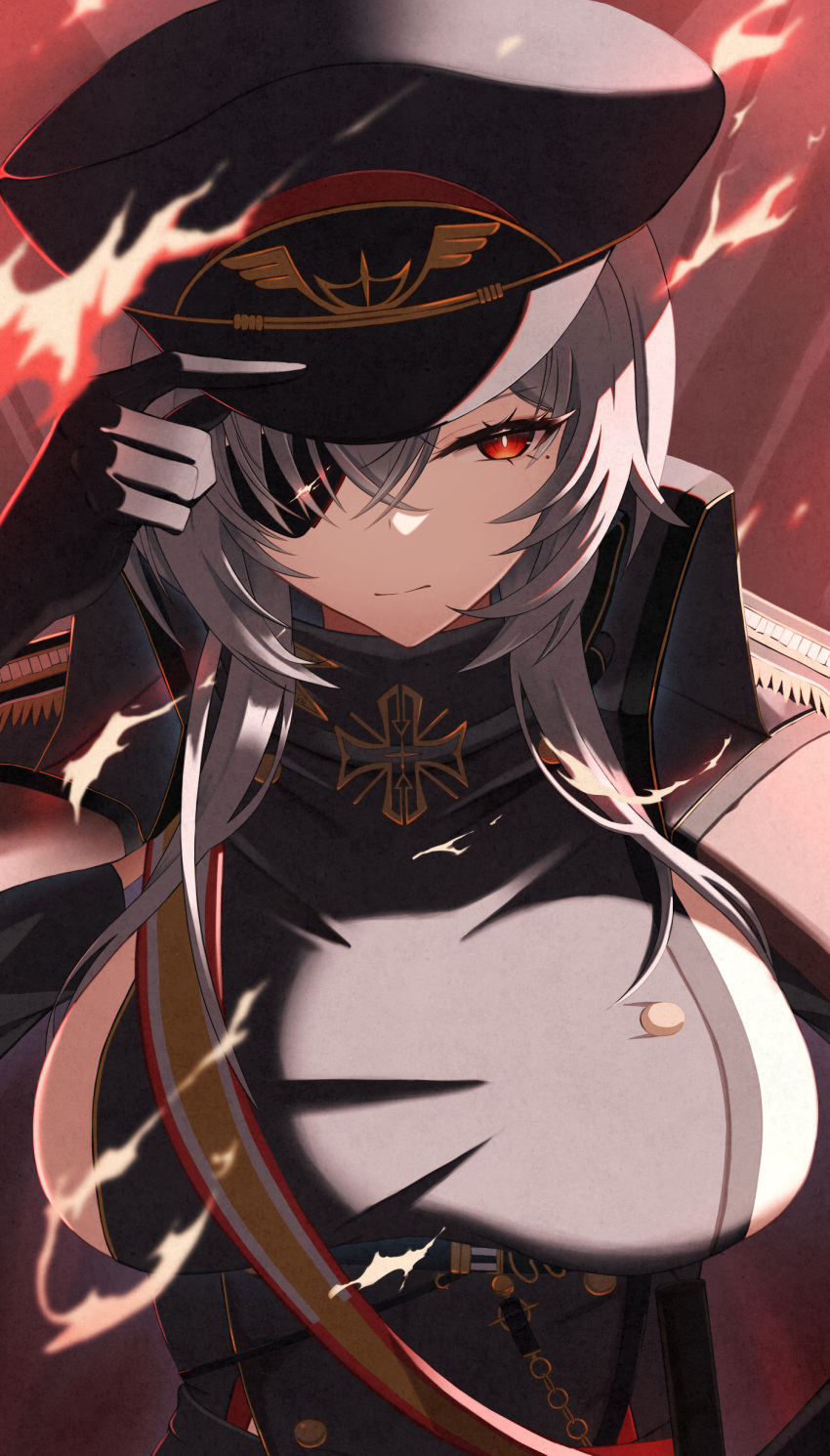 1girl, absurdres, azur_lane, bright_pupils, cross, eyepatch, fritz_rumey_(azur_lane), grey_hair, hat, highres, iron_cross, military_hat, military_uniform, mole, mole_under_eye, one_eye_covered, peaked_cap, red_eyes, rizzy, solo, upper_body, white_pupils