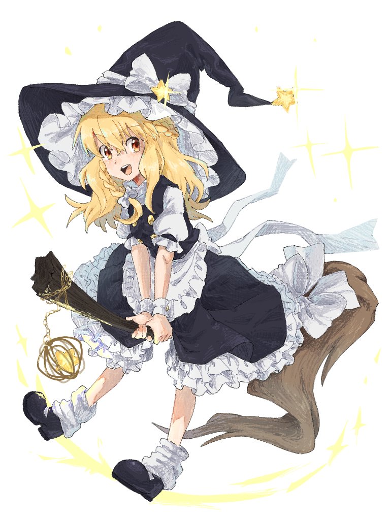 1girl, apron, black_skirt, blonde_hair, bow, braid, broom, broom_riding, commentary, frilled_skirt, frills, hair_bow, hat, hat_bow, kirisame_marisa, long_hair, looking_at_viewer, mozupoko, open_mouth, shoes, side_braid, single_braid, skirt, smile, socks, solo, touhou, waist_apron, white_bow, white_socks, witch_hat, yellow_eyes