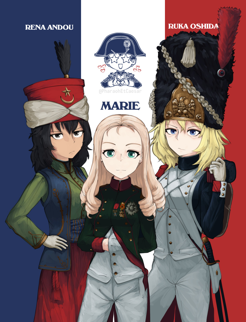 3girls, absurdres, andou_(girls_und_panzer), black_hair, blonde_hair, cavalry, dress_uniform, girls_und_panzer
