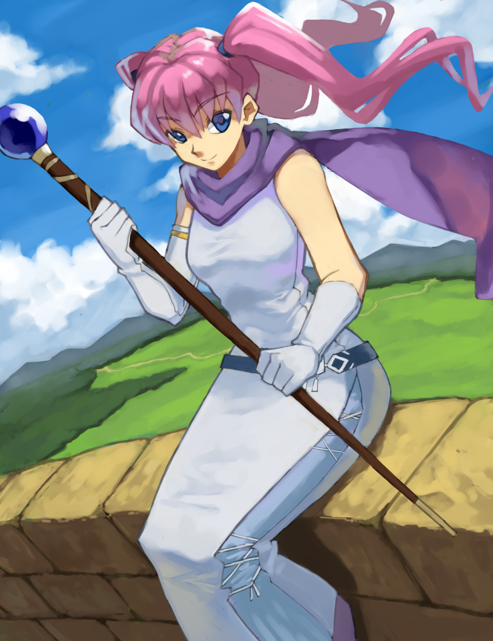 1girl, breasts, closed_mouth, commentary_request, dress, elbow_gloves, fire_emblem, fire_emblem:_the_blazing_blade