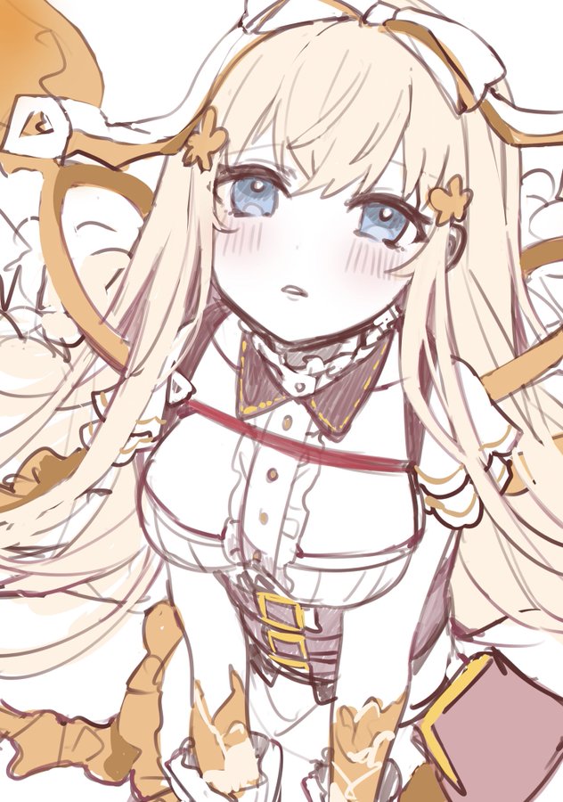 1girl, apron, bad_id, bad_twitter_id, blonde_hair, blush, breasts, collared_shirt