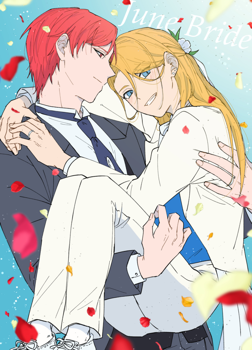 2boys, alternate_costume, asymmetrical_bangs, blonde_hair, blue_eyes, blush, carrying, collared_shirt