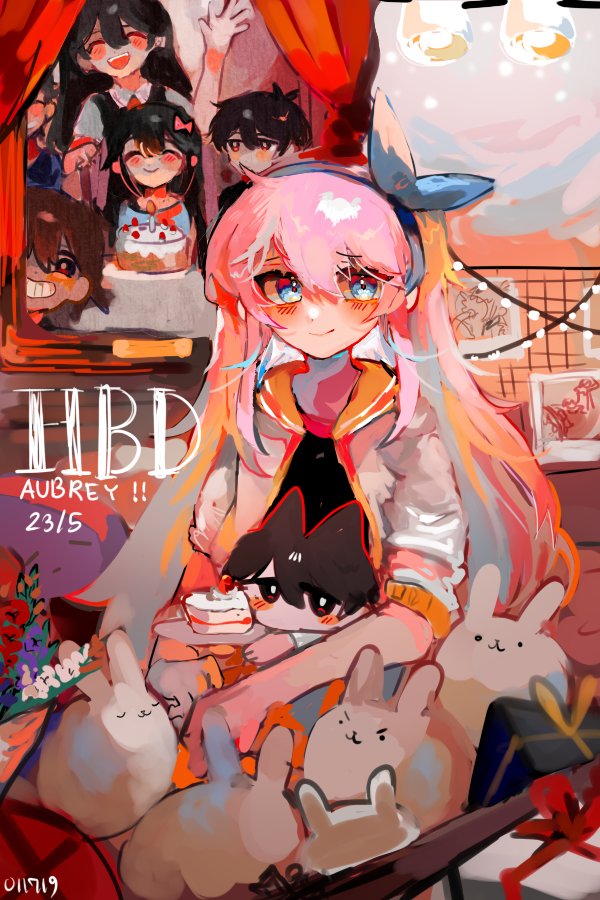 1girl, aubrey_(faraway)_(omori), aubrey_(omori), black_shirt, blue_eyes, blue_hairband, bow_hairband, cake