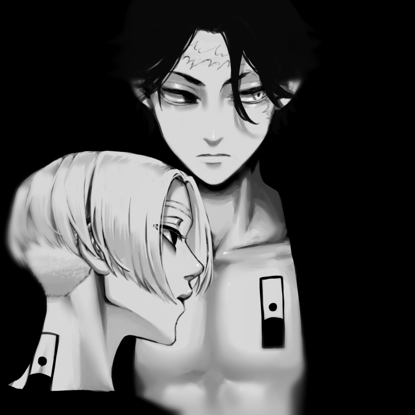 2boys, bare_pectorals, black_background, black_eyes, black_hair, black_kimono, black_shirt, chest_tattoo