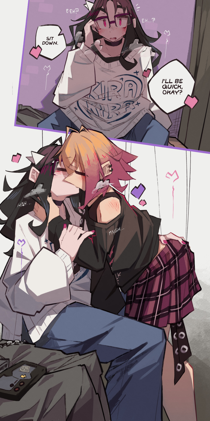 2girls, absurdres, black_hair, black_nails, blue_pants, blush, closed_eyes, commentary
