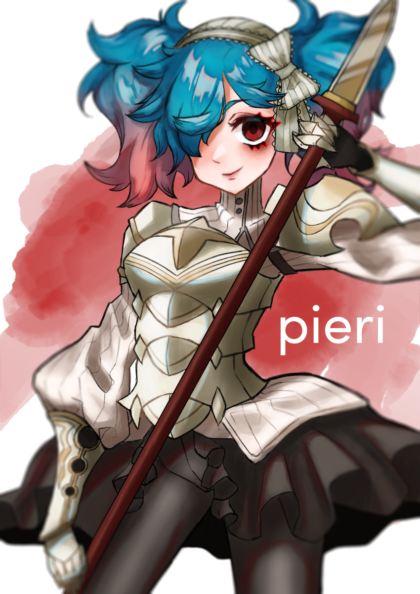 1girl, absurdres, armor, blue_hair, character_name, fire_emblem, fire_emblem_fates, gradient_hair, hair_over_one_eye, highres, holding, holding_polearm, holding_weapon, lili_painter, looking_at_viewer, multicolored_hair, peri_(fire_emblem), pink_hair, polearm, red_eyes, smile, solo, twintails, two-tone_hair, weapon