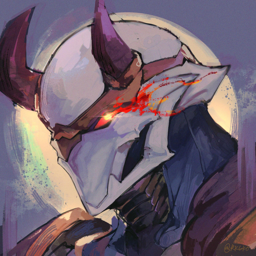 1boy, armor, artist_request, black_horns, blood_moon_jhin, demon, demon_horns, fake_horns