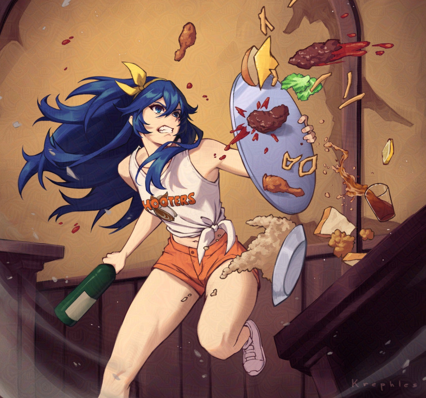 1girl, black_shorts, blue_eyes, blue_hair, fire_emblem, fire_emblem_awakening, food, food_fight