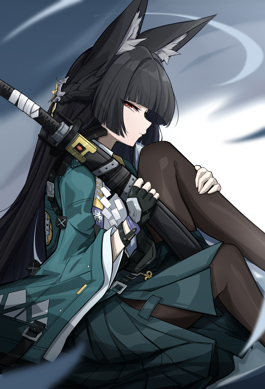 1girl, absurdres, animal_ears, aqua_jacket, black_gloves, black_hair, black_pantyhose, black_skirt