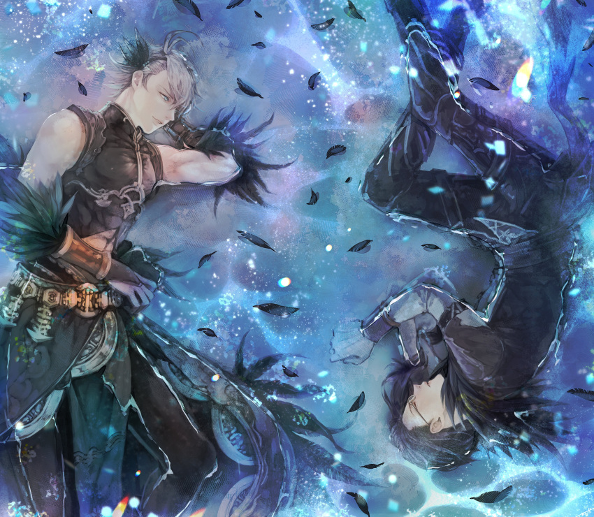 2boys, abs, absurdres, aladdin_(sinoalice), belt, bent_knees, black_feathers, black_hair