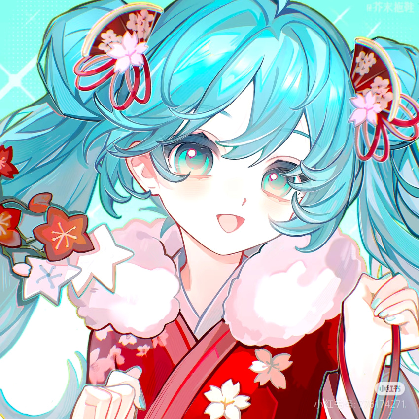 alternate_costume, aqua_eyes, aqua_hair, hatsune_miku, highres, japanese_clothes, jiemo_tuoxie, non-web_source