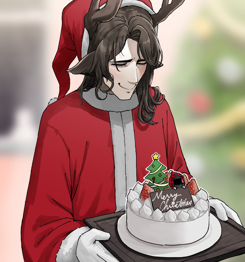 1boy, absurdres, arknights, cake, christmas, christmas_cake, clement_dubois_(arknights), closed_eyes