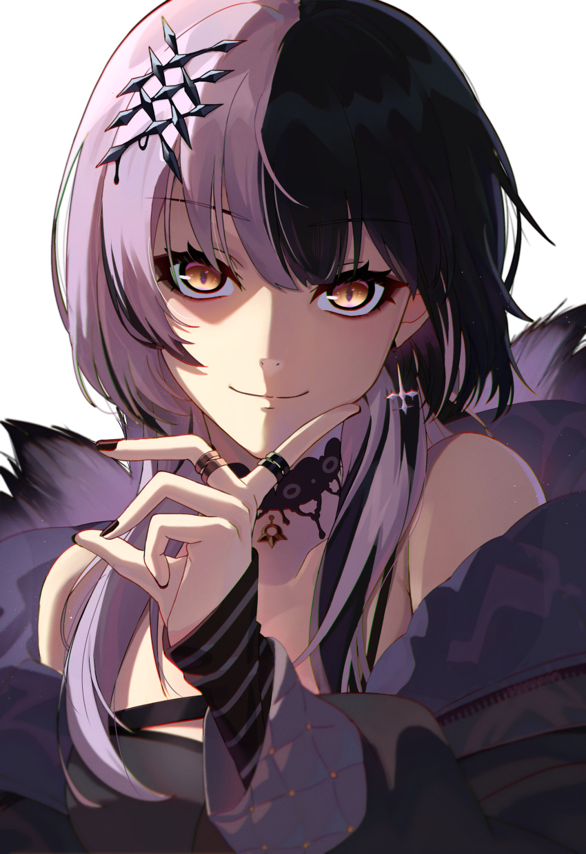 1girl, absurdres, bare_shoulders, black_hair, black_nails, brown_eyes, chantu_irasu, dress