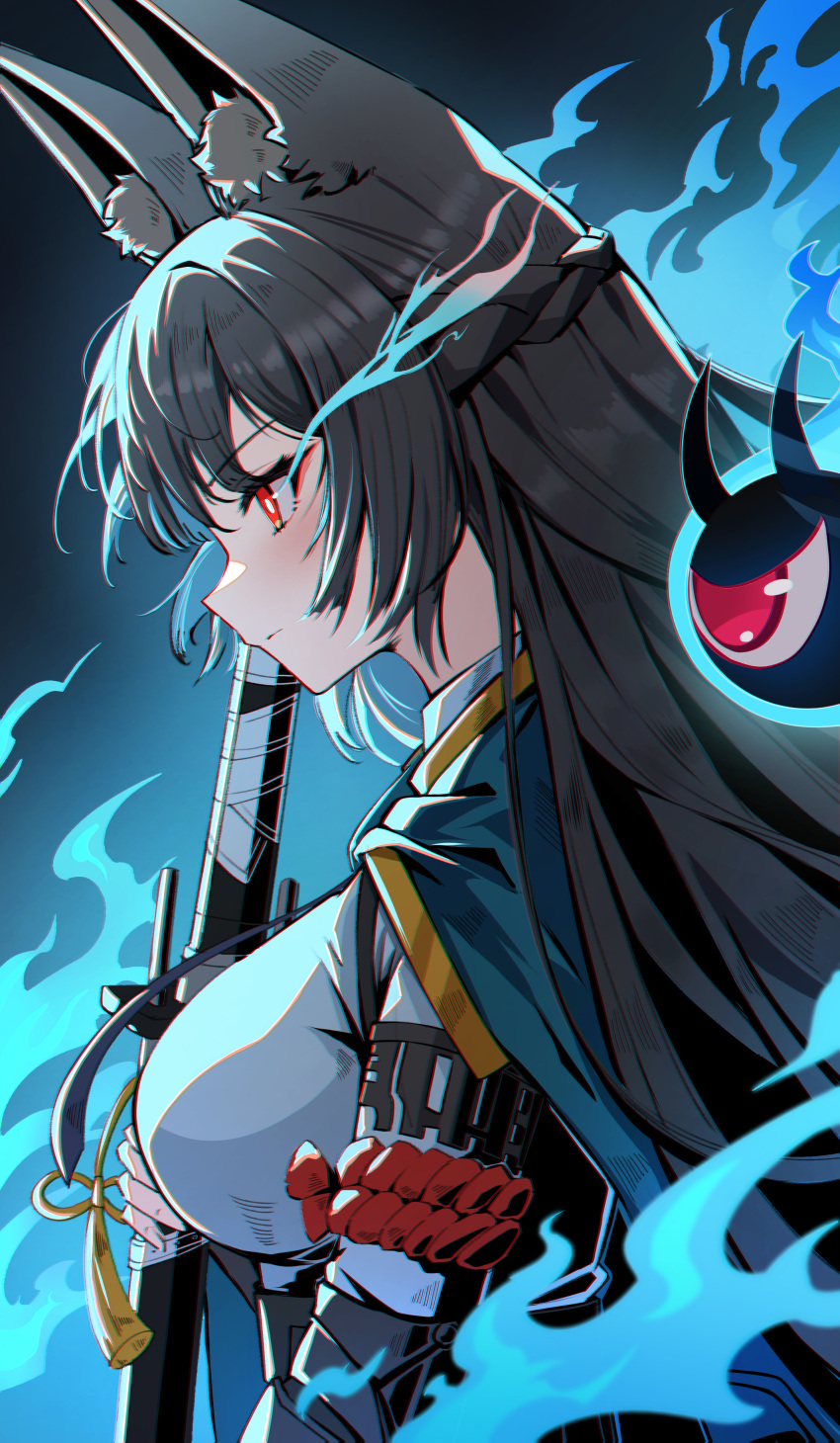 1girl, absurdres, animal_ear_fluff, animal_ears, black_hair, blue_fire, blunt_bangs, breasts, chromatic_aberration, closed_mouth, dress_shirt, fingernails, fire, fox_ears, fox_girl, from_side, gauntlets, green_jacket, highres, holding, holding_sword, holding_weapon, hoshimi_miyabi, jacket, kumo33, large_breasts, long_hair, necktie, red_eyes, shirt, sidelocks, solo, sword, tailless_(zenless_zone_zero), upper_body, weapon, white_shirt, zenless_zone_zero
