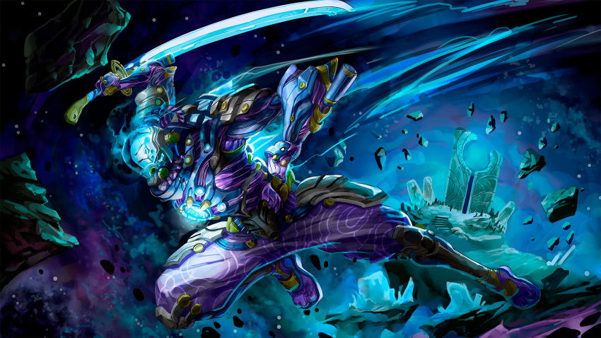 alefarfer, armor, bodysuit, breastplate, floating_rock, gauntlets, glowing, helmet