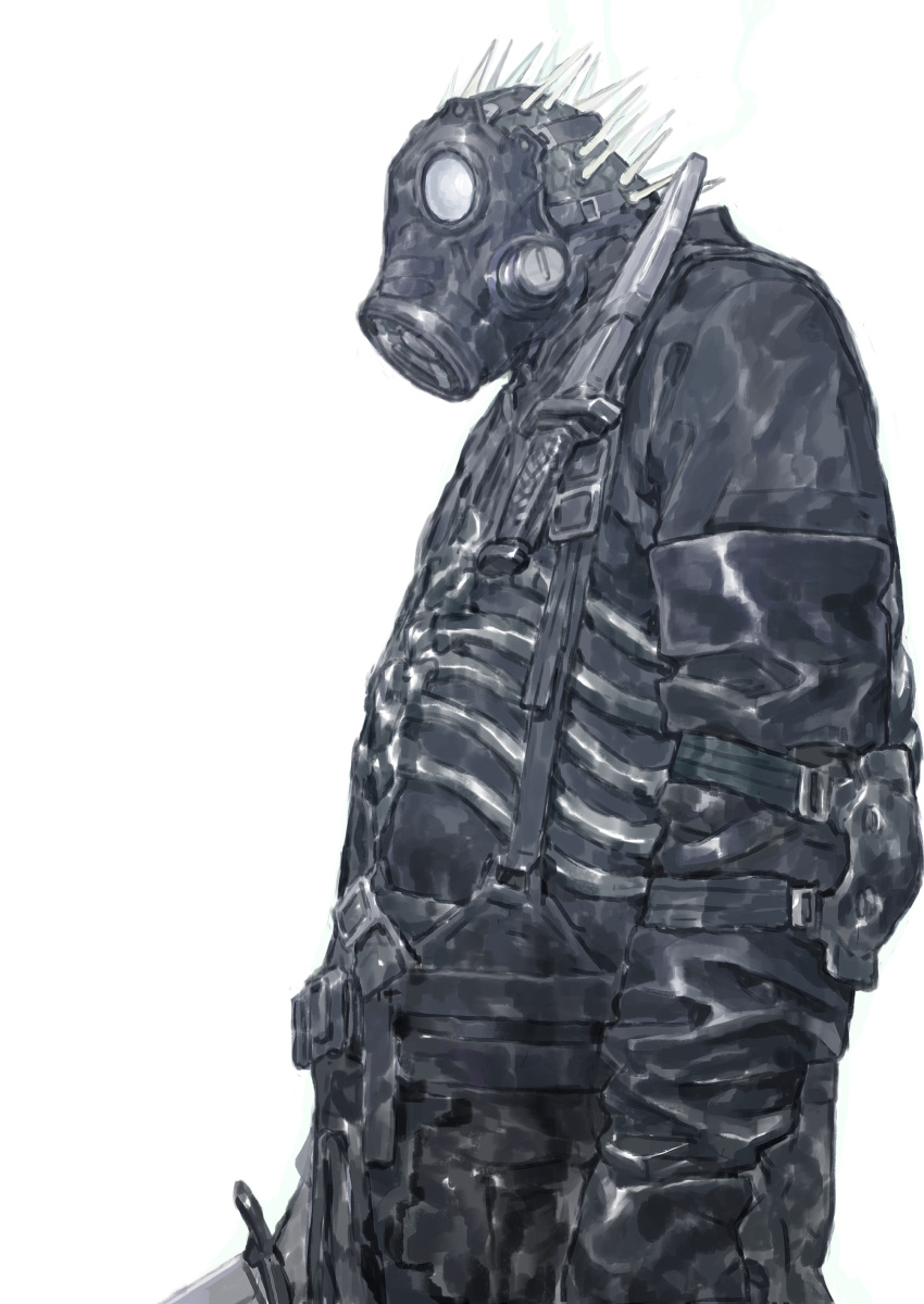 1boy, absurdres, caiman_(dorohedoro), chenrong96, dorohedoro, gas_mask, highres, holding