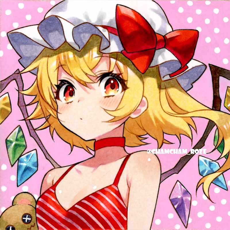 1girl, bare_shoulders, bikini, blonde_hair, blush, bow, breasts, chacham, choker, closed_mouth, collarbone, crystal_wings, diagonal-striped_bikini, diagonal-striped_clothes, flandre_scarlet, hat, hat_bow, medium_hair, mob_cap, red_bikini, red_bow, red_choker, red_eyes, side_ponytail, small_breasts, solo, striped_bikini, striped_clothes, stuffed_animal, stuffed_toy, swimsuit, teddy_bear, touhou, white_bikini, white_hat