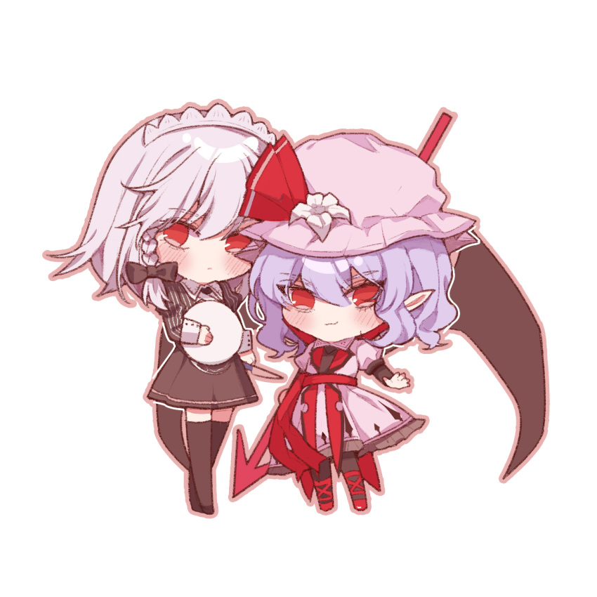 2girls, bat_wings, black_shirt, black_skirt, blue_hair, blush, braid, chibi