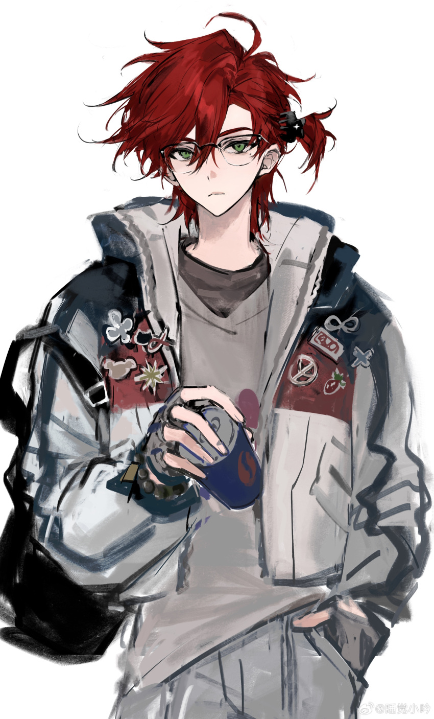 1boy, absurdres, ahoge, backpack, bag, black_bag, black_gloves, black_shirt, can, chinese_commentary, closed_mouth, collared_jacket, comb, commentary_request, cowboy_shot, denim, drink_can, expressionless, fingerless_gloves, glasses, gloves, green_eyes, grey_pants, grey_vest, hair_between_eyes, hand_in_pocket, highres, holding, holding_can, jacket, jeans, light_frown, lips, long_sleeves, male_focus, mole, mole_under_eye, open_clothes, open_jacket, original, pants, redhead, shirt, short_hair, short_ponytail, side_ponytail, simple_background, soda_can, solo, standing, thick_eyebrows, vest, white_background, white_jacket, zi_yin