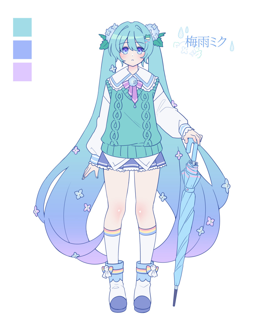 1girl, absurdres, blue_eyes, blue_hair, boots, closed_umbrella, collared_shirt, commentary_request, flower, fran_(fran122), frog_hair_ornament, full_body, gradient_hair, hair_flower, hair_ornament, hairclip, hatsune_miku, highres, holding, holding_umbrella, hydrangea, long_hair, long_sleeves, multicolored_hair, nail_polish, neck_ribbon, parted_lips, pleated_skirt, purple_hair, ribbon, shirt, skirt, socks, solo, straight-on, sweater_vest, teruterubouzu, translation_request, twintails, umbrella, very_long_hair, vocaloid, x_hair_ornament