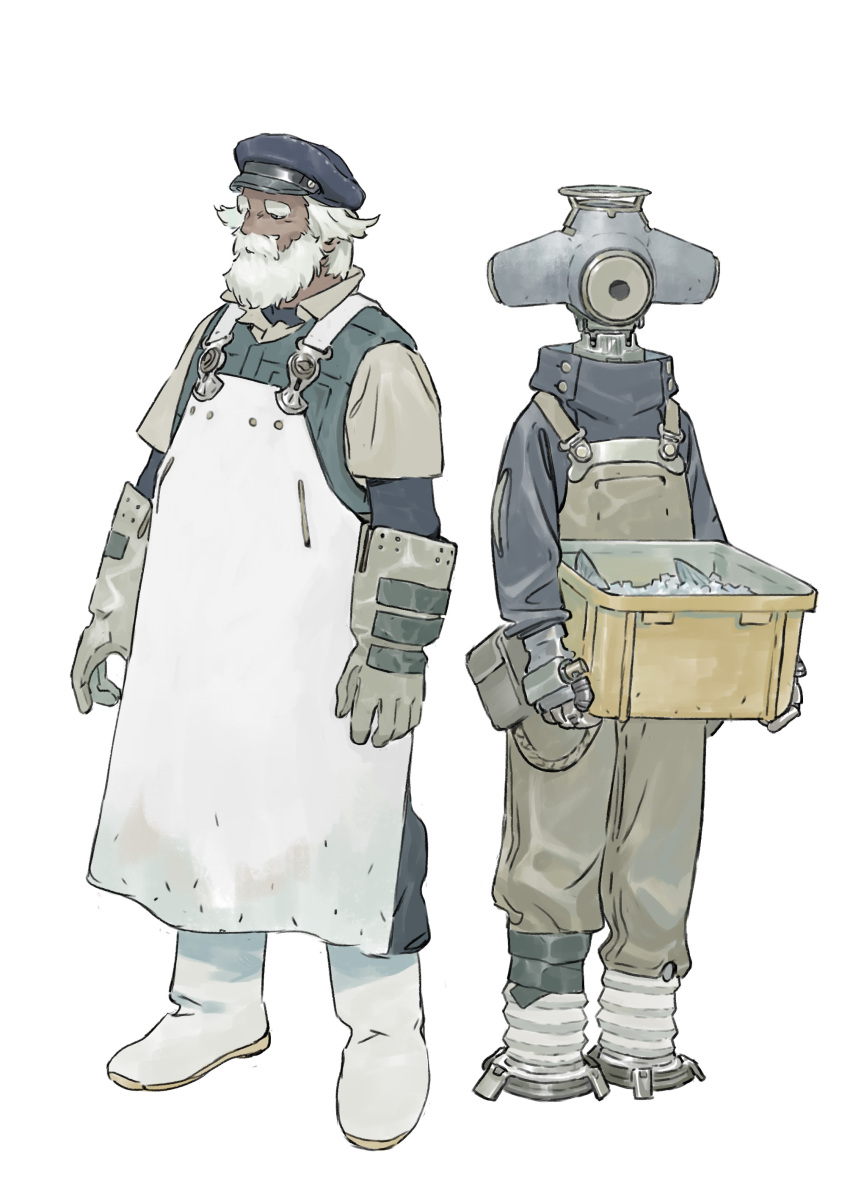 2boys, absurdres, apron, beard, blue_hat, boots, brown_overalls, chenrong96