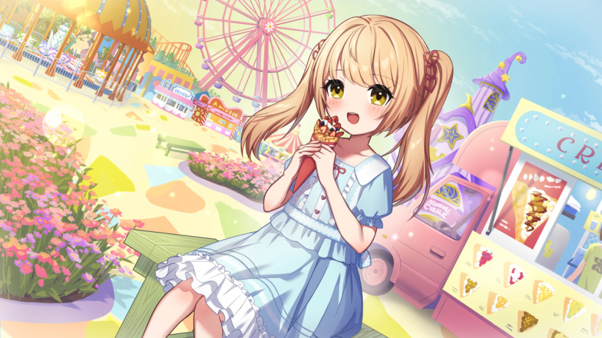 1girl, amusement_park, bench, brown_hair, chatnoir-juno, commentary_request, crepe, dress