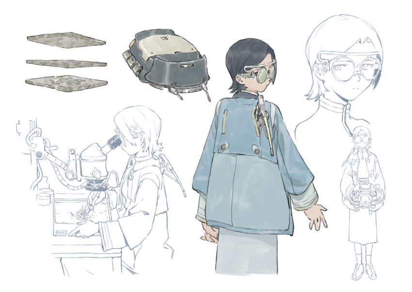 1girl, black_hair, blue_coat, chenrong96, closed_mouth, coat, expressionless, from_behind, glasses, highres, holding, long_sleeves, looking_at_viewer, looking_back, multiple_views, original, short_hair, simple_background, socks, split_mouth, standing, white_background